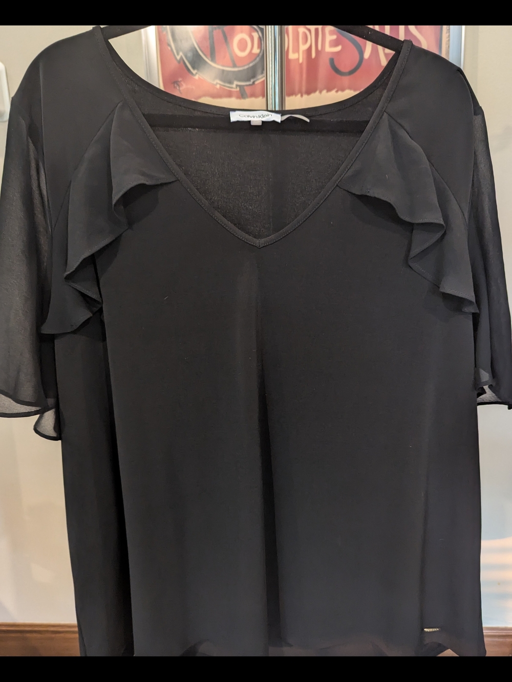 $18 Calvin Klein Size 2X Black Ruffle V-Neck Flutter Sleeve Chiffon Blouse EUC